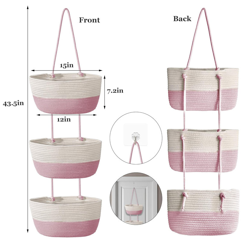 Panier suspendu tissé à 3 niveaux avec crochets - Organisateur de rangement mural pour la cuisine, le placard pour bébé et la décoration intérieure - Conception polyvalente peu encombrante