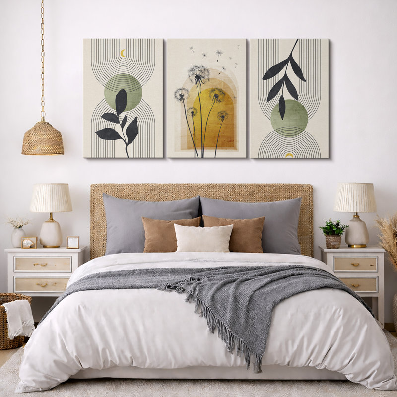 Mid Century Modern Boho "Vibrant Green Yellow Abstract Dandelion Artwork, Modern Chic Living Room Wall Pictures, Large Framed Canvas Giclee Print 3 Pieces Wall Art Set"  16"x24"x3 pcs, 24"x36"x3 pcs