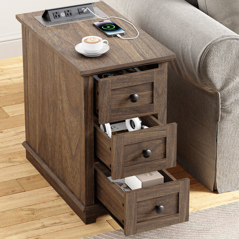 3 Drawers End Tables with Storage and Built-in Outlets for Living Room, Brown, Brown
