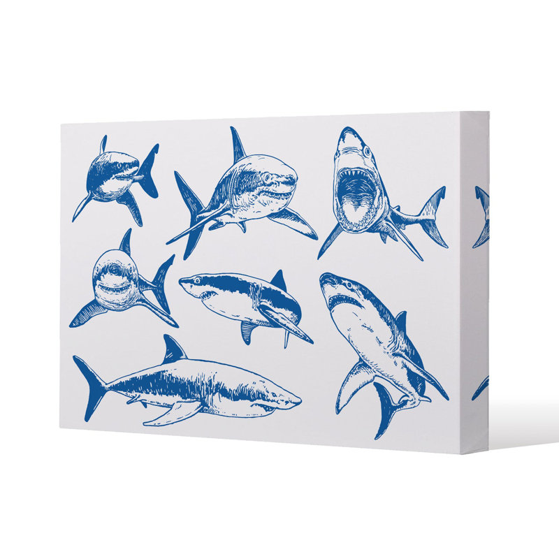 Graphical set of sharks isolated on background Slim Style Canvas Print, 15mm Slim Real wood., 20 cm H x 30 cm W