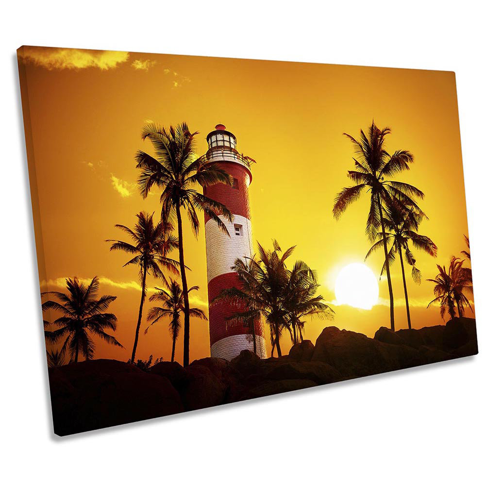 Lighthouse Palm Trees Sunset - Wrapped Canvas Print