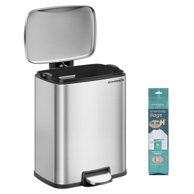 Kitchen Bin, Stainless Steel Pedal Bin with Soft-Close Lid and Inner Bucket, 20 L, Silver
