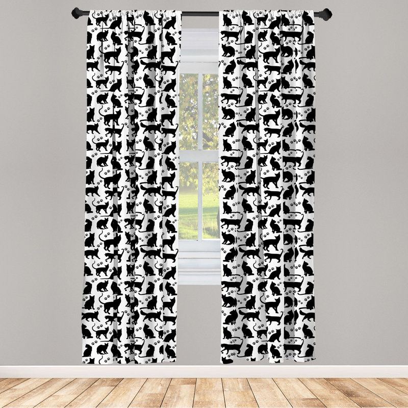 Black and White Cat Silhouette Polyester Room-Darkening Curtain Panels, 28" x 63"