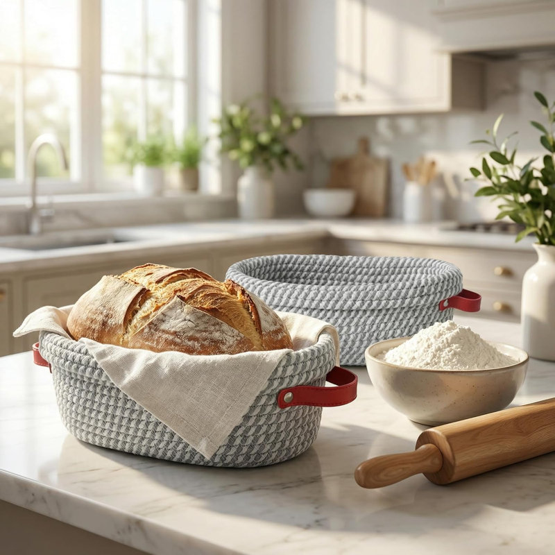 Paniers à pain Banneton, panier ovale à l'épreuve du pain en corde de coton avec doublures et housses pour pain au levain et pain artisanal (kaki ovale Banneton - paquet de 2 (uni + rayé))