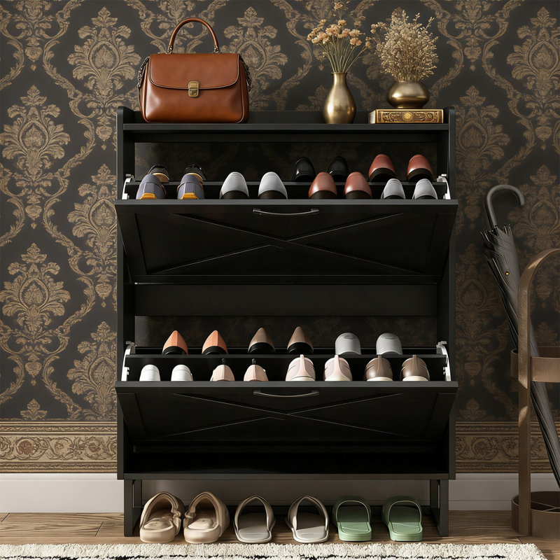 Shoe Storage Cabinet With 2 Flip Drawers, Freestanding Narrow Shoe Organizer With Metal Legs For Entryway, Black, Black