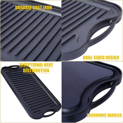 20" Pre-Seasoned Cast Iron Reversible Grill & Griddle - Oven Safe, Ergonomic Handles