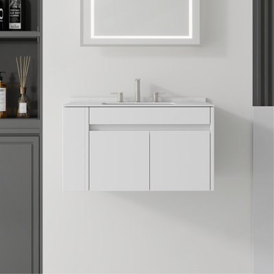 Meuble-lavabo suspendu de 76 cm avec lavabo, porte à fermeture amortie, comptoir et dosseret en marbre reconstitué blanc de Carrare de 1,5 cm d'épaisseur, contreplaqué