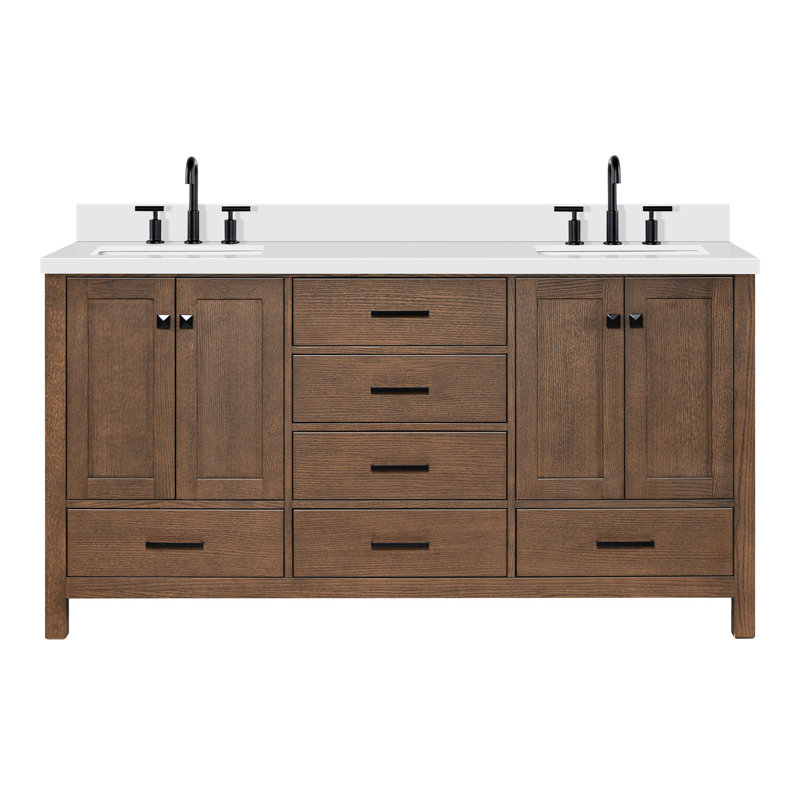 Meuble-lavabo double autoportant de 67 po avec plateau en quartz Grevera, Rectangular, Chêne brun / noir mat
