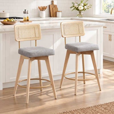 Uniondale Swivel Upholstered 26.2'' Counter Stool with Rattan Cane Back and Solid Wood Frame
