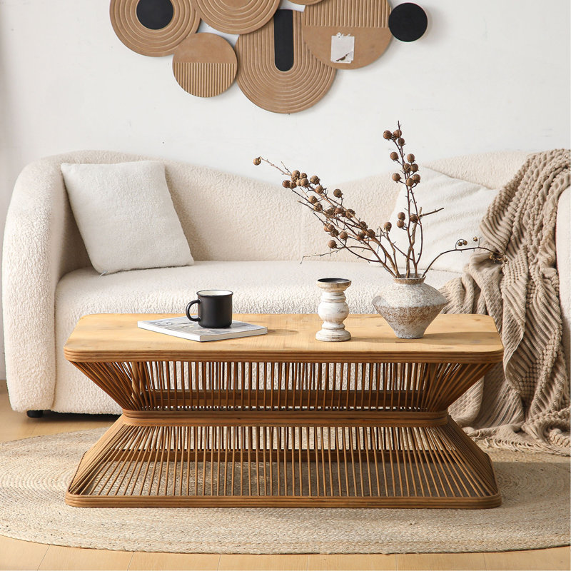 Mid-Century Modern Coffee Table, 43.3" Rectangular Wood Accent Table With Woven Bamboo Base – Rustic Boho Low Profile Cocktail Table For Living Room