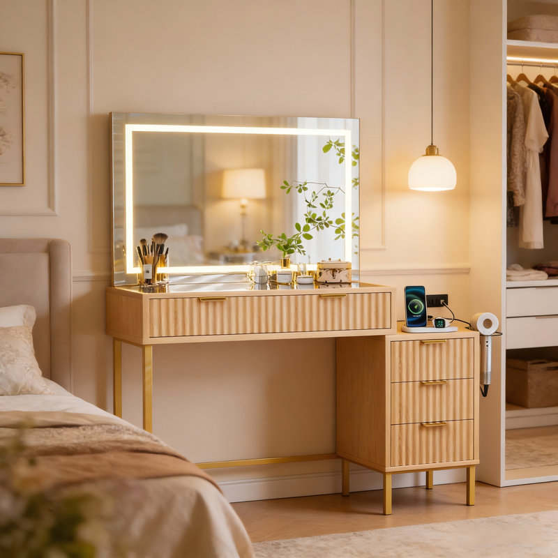 Maximiser le meuble-lavabo à DEL avec anneau lumineux 3 couleurs | Station de maquillage Stepless, Chêne / doré