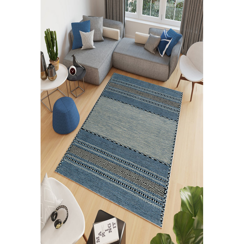 100% Polyester Area Rug, 4.6 x 7.2 Feet | Antibacterial, Eco-Friendly, Non-Slip PVC Dot Underside | Digital Printing, 650 g/m², Machine Washable | Soft Blue Carpet for Living Room, Bedroom, and Office Decor