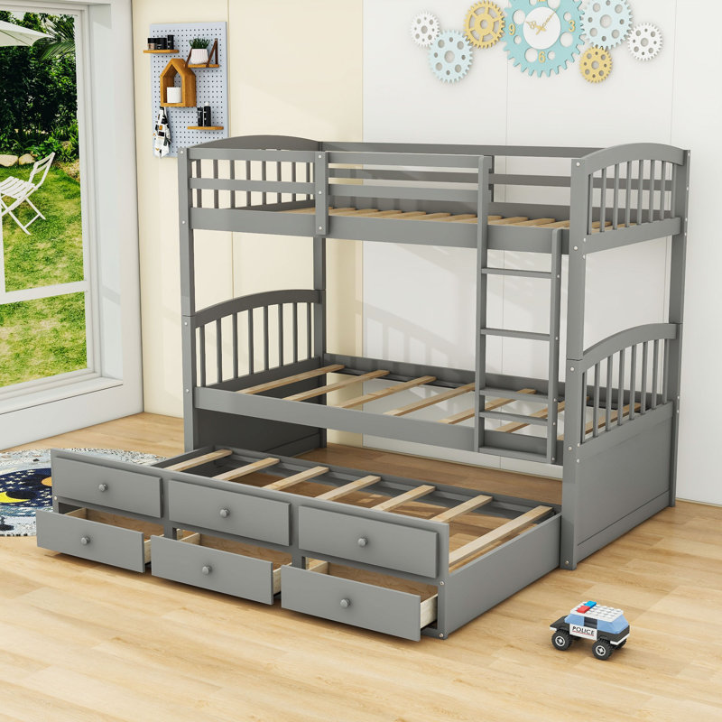 Ellaya Kids Twin Over Twin Bunk Bed with Trundle with Drawers, Gray
