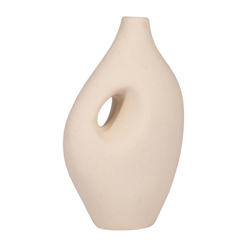 Boho Stoneware Ceramic Sculptural Modern Vase with Open Center and Neutral Textured Design for Contemporary Decorative Display