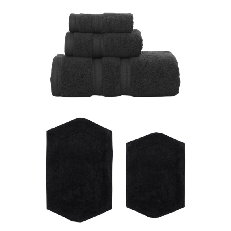Bryd Collection 100% Soft Cotton 3 Pc Towel Set & 2 Pc Bath Rug Set, (Set of 5), Black