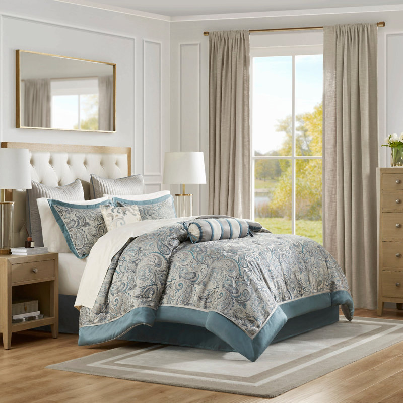 Ensemble de couette 12 pièces en satin de coton, bleu sarcelle, taille Queen, Queen Comforter + 11 Additional Pieces