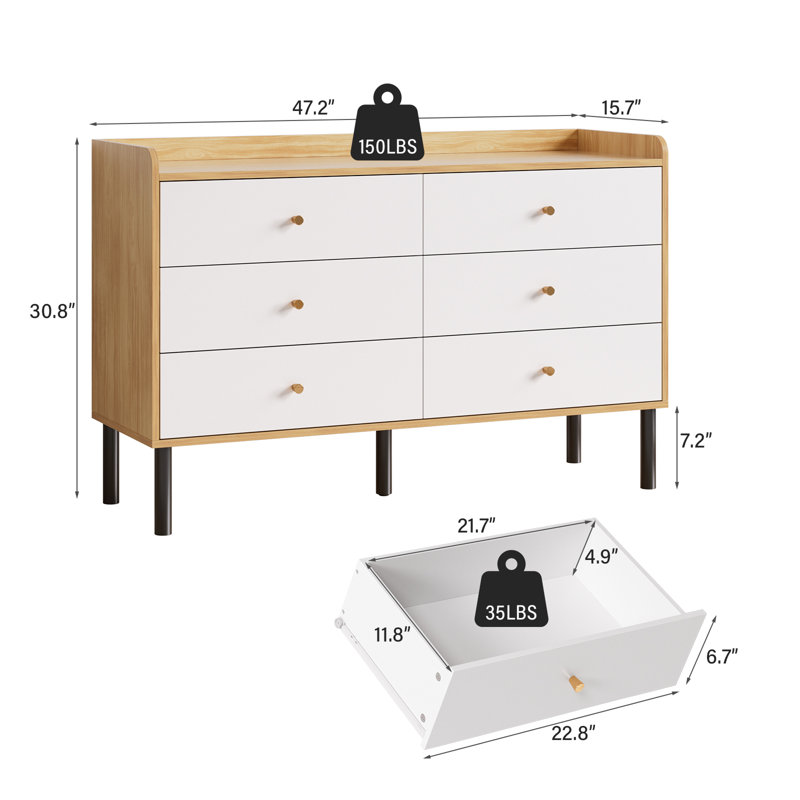 Jahmela 47.2'' W 6 - Drawer Dresser, White/Natural