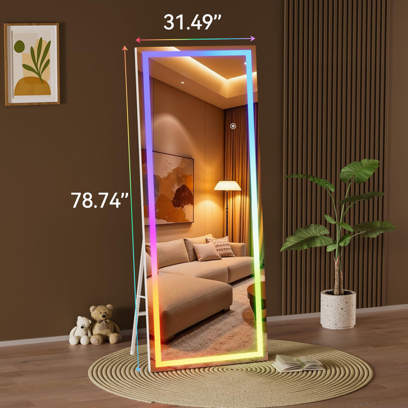 LED RGB Bluetooth Full Length Mirror with Lights, Full Body Mirror with Stand, Wall Mount & Free Standing Floor Mirror for Bedroom Living Room Cloakroom, 7 Color & Brightness Adjustable