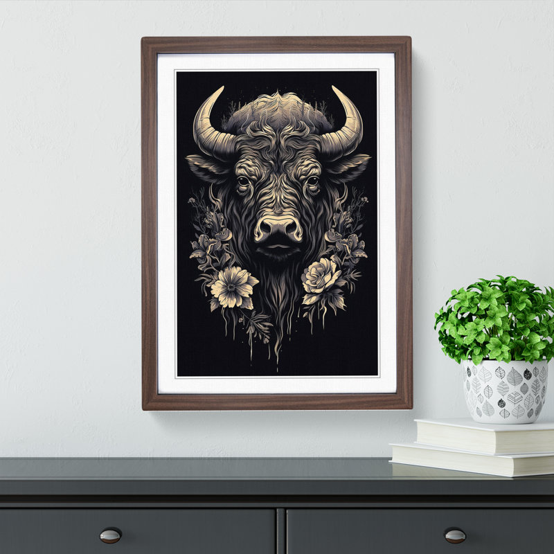 Bison Line - Single Picture Frame Print on Wood, Walnut Framed, 64cm H x 46cm W x 2cm D