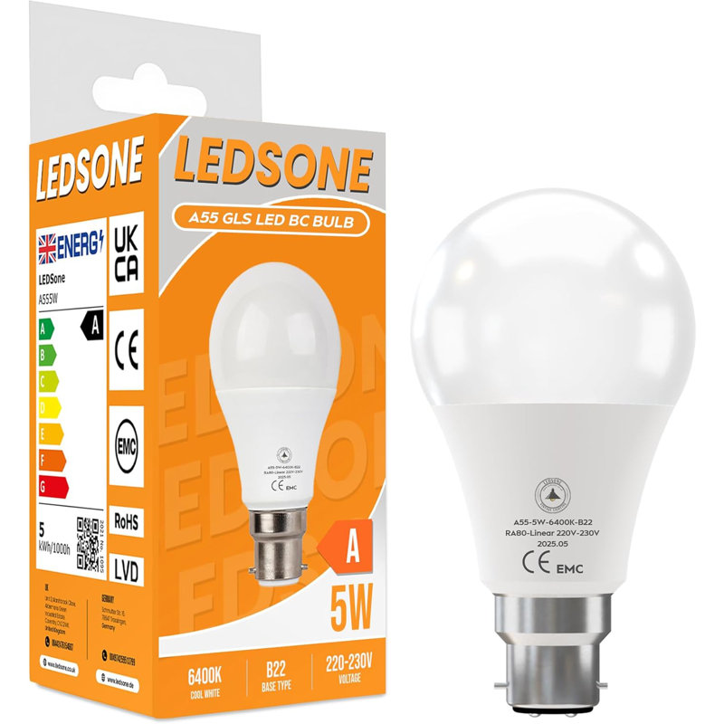 2 Pack Bayonet LED Light Bulbs, BC 5W(Equivalent to 49W) 6400K Cool White B22 LED Bulb 430lmn A55 Non-Dimmable, GLS Modern Golf Ball Energy Saving Light Bulbs