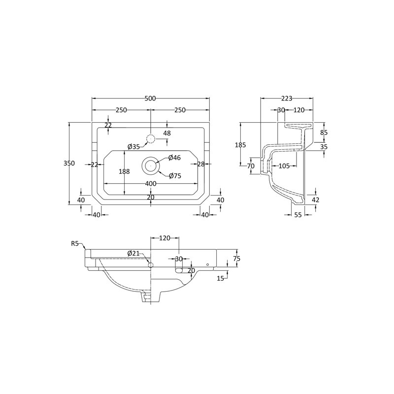 Nuie Richmond 500mm L x 350mm W White Ceramic Rectangular Basin Sink, 1 tap hole