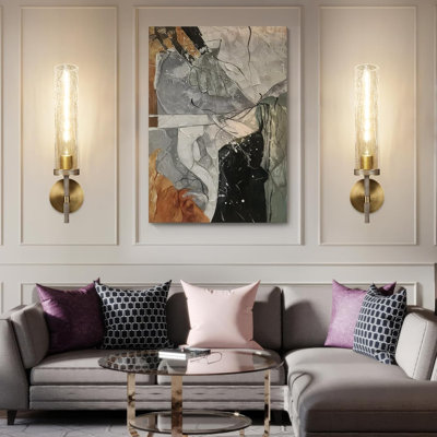 Set Of 2 Modern Brass Wall Sconces With Crackle Glass Tubes, Vanity Light Fixtures For Bathroom, Bedroom, Living Room, Hallway, Staircase, And Kitchen
