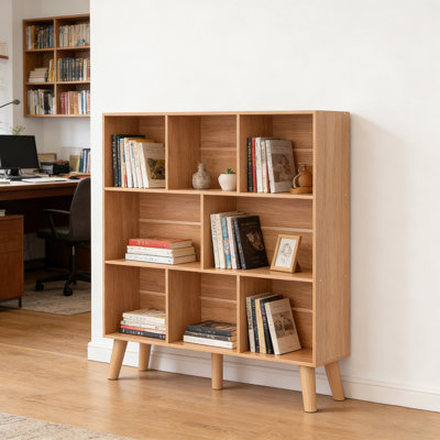 3 Tier Modern Wide Bookcase With Legs, Wood Freestanding Organizer Display Shelf, 8 Cube Bookshelf