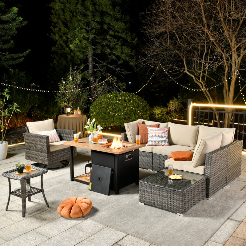 Niyanna Wicker 5 - Person Patio Conversation Set with Cushions, Beige