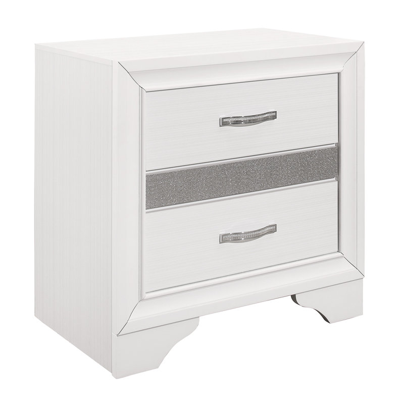 Table de chevet blanche avec tablette cachée - Finition pailletée argentée chic, paillettes, rangement, Blanc