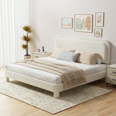 King Size Bed Frame with Headboard, Boucle Upholstered Platform, Modern Style, Soft Rounded Corners, No Box Spring Required, Easy Assembly