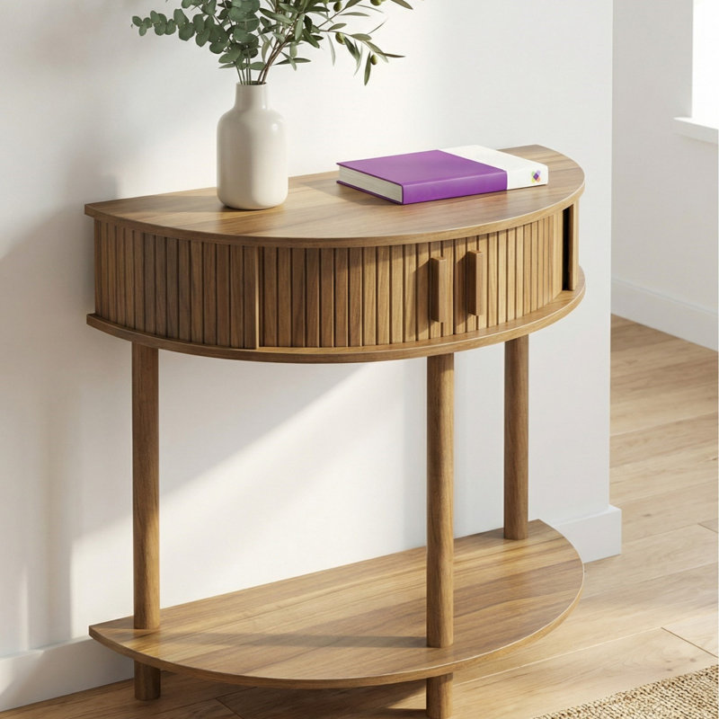 Half-Moon Console Table with Storage Shelf & Solid Wood Legs, Modern Entryway Sofa Table for Living Room Hallway