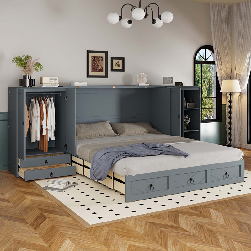 Grand lit escamotable avec port USB, petites armoires et tiroirs, Gris