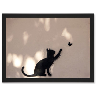 Cat Butterfly Silhouette Graffiti Art - Single Picture Frame Print