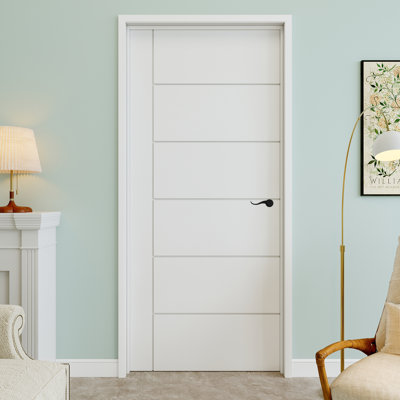 32" x 80" 6-Panel Molded Solid Horizontal Pattern Interior Prehung Door with Curve Lever and Black Hinges, Solid Core Door Slab, Paintable & Waterproof, Suit for Laundry, Closet Doors, Room Doors, Left Hand