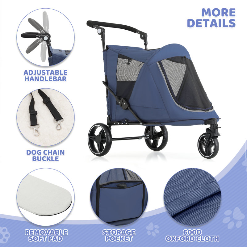 Foldable Pet Stroller for Small & Medium Dogs and Cats 3-Wheel Dog Stroller with 9 Angles Adjustable Handlebar , Blue