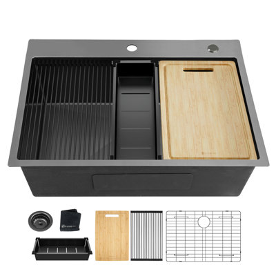 32X22 Inch Topmount Gunmetal Black Workstation  18 Gauge Stainless Steel Single Bowl Kitchen Sink