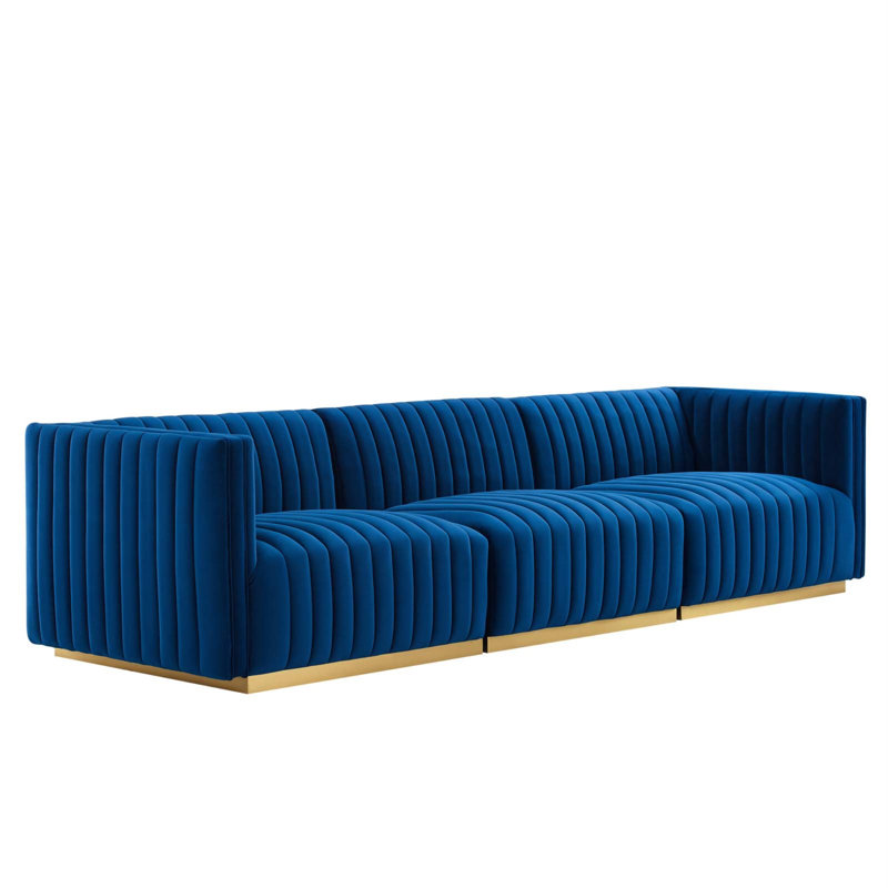 Conjure Channel Tufted Sofa by Modway, Navy Blue Velvet, Gold, 28" H x 119" W x 41.5" D