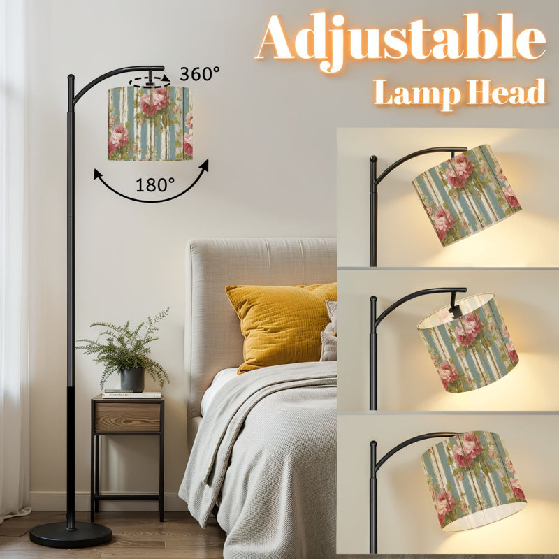 Arc Floor Lamp with Adjustable Lampshade Shabby Chic Pink Roses Blue Standing Lamp 3 Color Temperatures Dimmable Tall Pole Lamp with Foot Switch for Bedroom