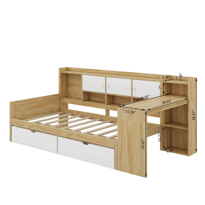 Wooden L-Shape Daybed With Seven Storage Cabinets And Two Storage Drawers, Multi-Functional Bed With Study Desk And Built-In Bookshelf