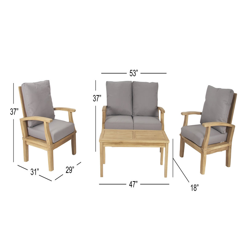 Ensemble de fauteuil d'extérieur en teck avec causeuse et coussins et table basse