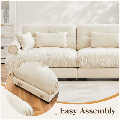 Très grand canapé moderne en velours 3 places, canapé surdimensionné avec un confort semblable à un nuage, coussins de taille et de coussin, crème