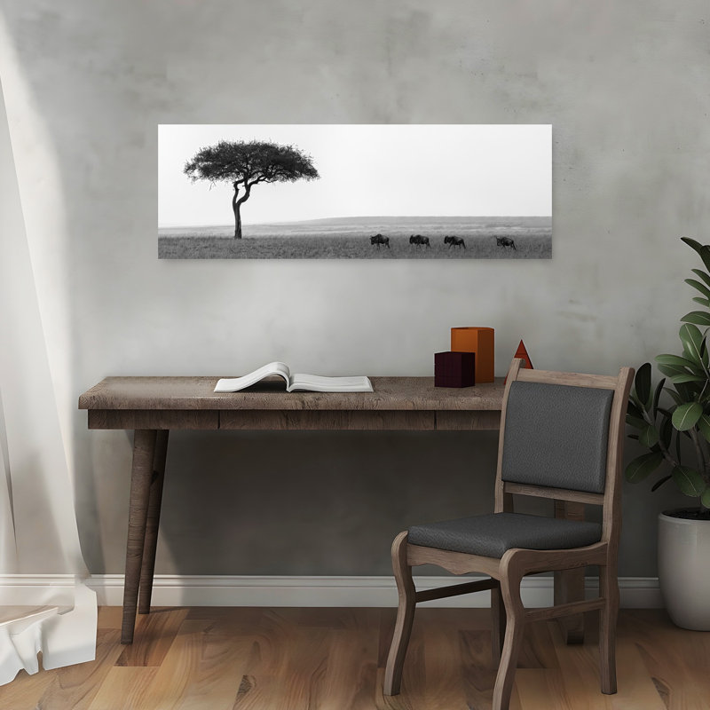 Art africain de paysage animalier serein tranquille, 12" H x 36" W
