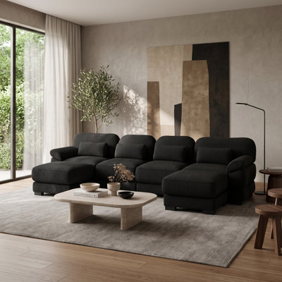 Black 4-Seater U-Shaped Modular Corduroy Sectional Sofa with 2 Movable Ottomans and Deep Seats
