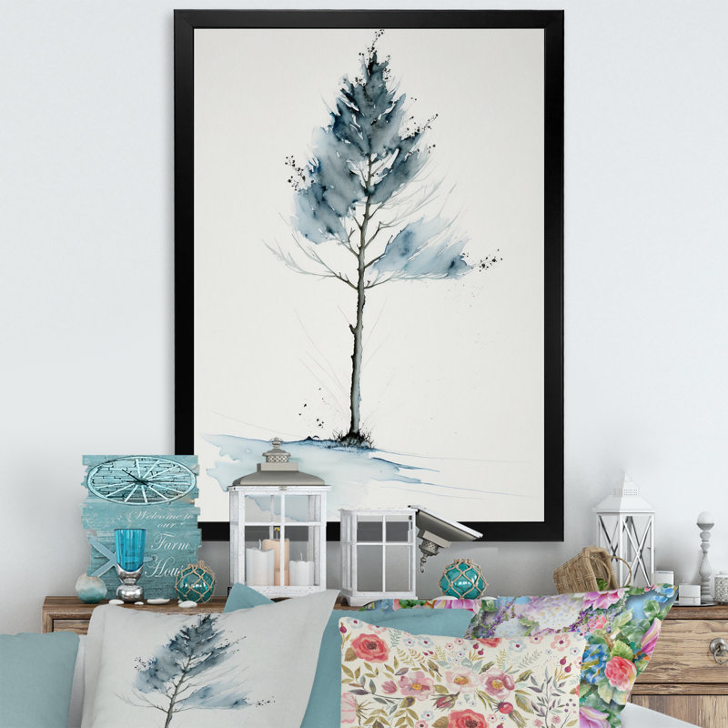 «Blue Watercolor Tree in the Countryside II», reproduction sur toile, H 20 po x l 12 po x P 1 po, Cadre photo noir