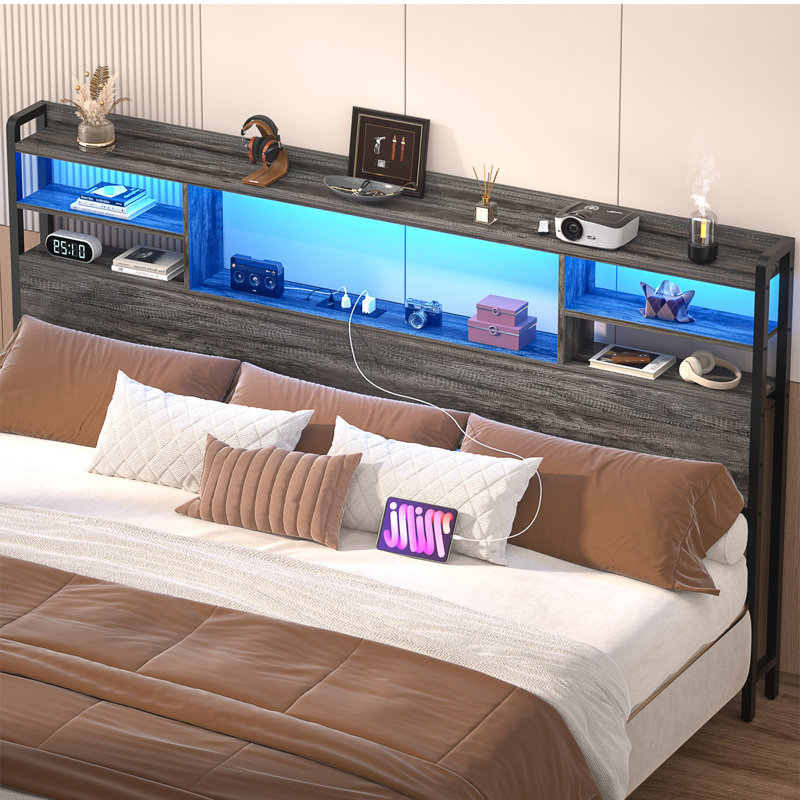 Storage Headboard with LED Lights, Bookcase Headboard with Charging Station, Gray, Twin