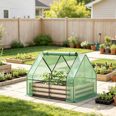 Outsunny Galvanized Raised Garden Bed with Mini Greenhouse Cover 50x37.5x36.25 in 2 Roll Up Windows for Flowers Fruits Vegetables Herbs