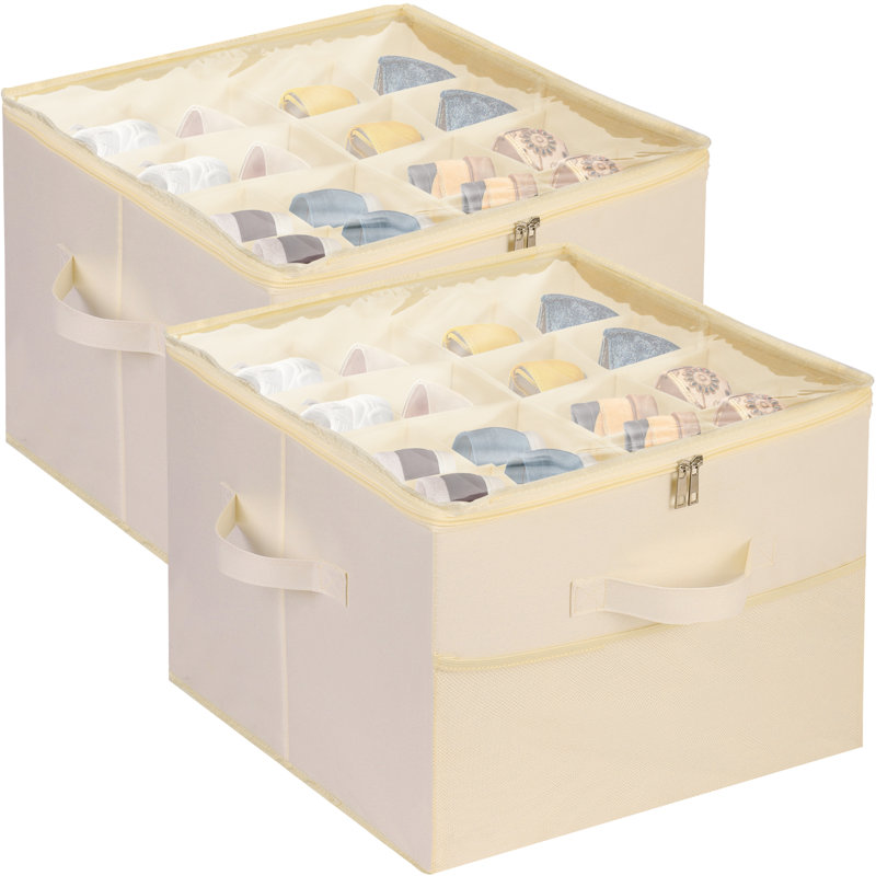 Adjustable Dividers Storage Box with Clear Cover Fabric Shoe Storage Bag, Ivory