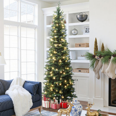 7Ft Pre-Lit Green Artificial Slim Christmas Tree with Metal Stand