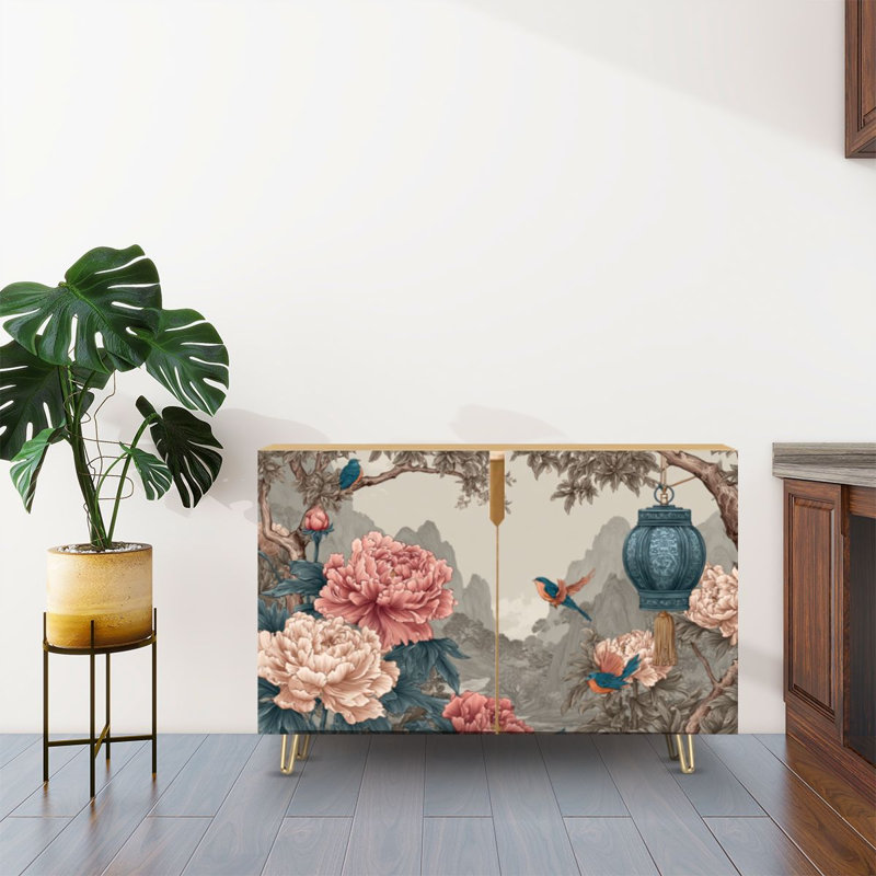 Buffet buffet avec rangement Lanterne chinoise hirondelles pivoines paysage de montagne brumeux avec 2 portes pour le salon et la cuisine