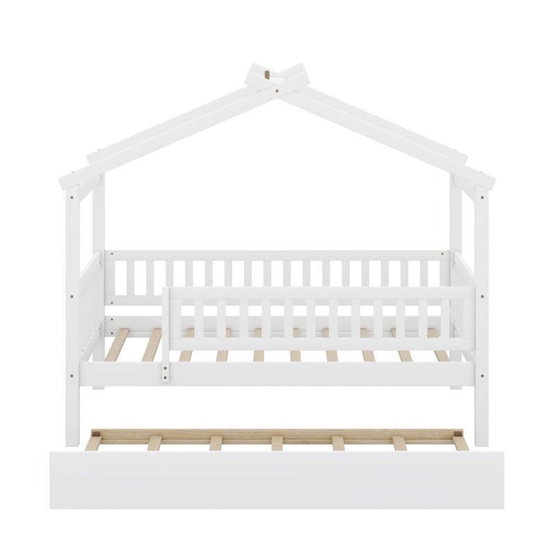 Wooden House Bed With Trundle, Lit simple, Blanc